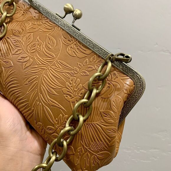 Handmade Genuine Leather Embossed Leaves Kisslock Clutch/Shoulder Bag/Crossbody - Picture 10 of 13